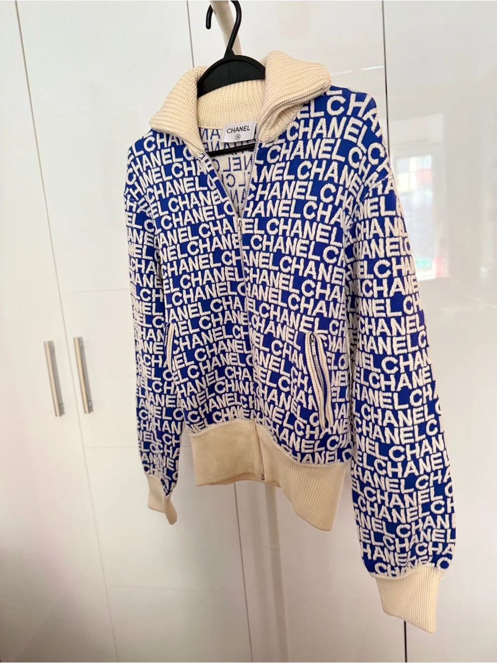 Chanel Blue Ivory Logo Knit Zip Cardigan Size 38